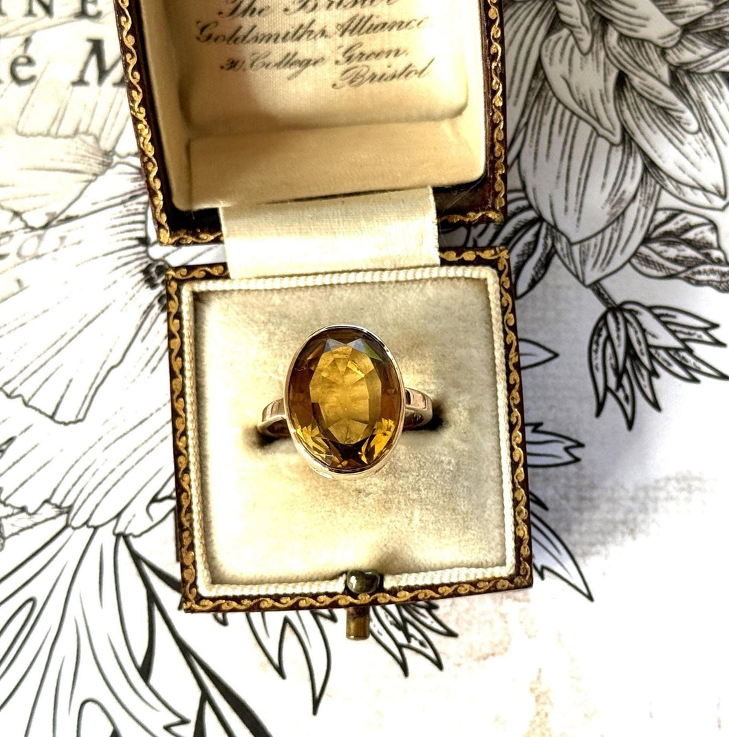 Antique Victorian 9ct Gold Cairngorm Citrine Ring. Large 8.00ct Scottish Citrine Ring. Oval Golden Citrine Solitaire Ring, Size L-1/2 / 6