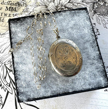 Load image into Gallery viewer, Antique Victorian Engraved Fern Silver Locket Pendant Necklace. Medium/Large Aesthetic Engraved Sterling Silver Locket &amp; Cable Chain
