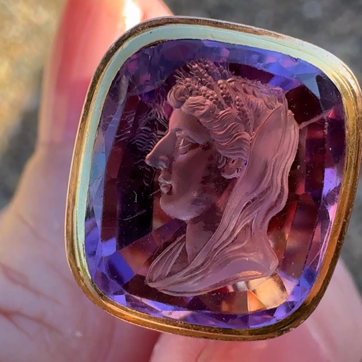 Superb Georgian 18ct Gold Amethyst Intaglio Seal of Demeter & Mount Olympus. 18K Gold Seal Fob Pendant. Master Carved Classical Intaglio