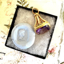 Load image into Gallery viewer, Superb Georgian 18ct Gold Amethyst Intaglio Seal of Demeter &amp; Mount Olympus. 18K Gold Seal Fob Pendant. Master Carved Classical Intaglio
