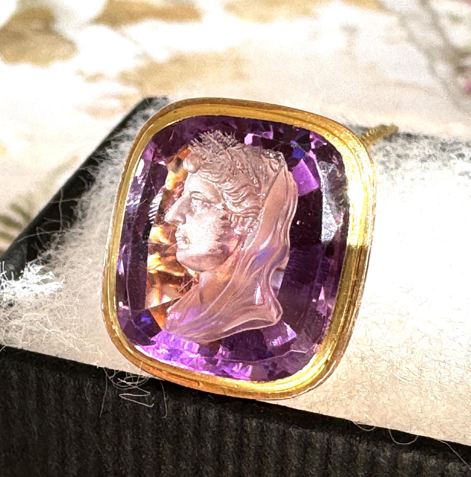 Superb Georgian 18ct Gold Amethyst Intaglio Seal of Demeter & Mount Olympus. 18K Gold Seal Fob Pendant. Master Carved Classical Intaglio