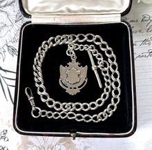 Load image into Gallery viewer, Antique Sterling Silver Heavy Long Albert Watch Chain With Fob Drop. Large Victorian Watch Chain/Necklace With Fob Pendant, T-Bar &amp; Dog-Clip
