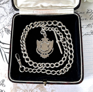 Antique Sterling Silver Heavy Long Albert Watch Chain With Fob Drop. Large Victorian Watch Chain/Necklace With Fob Pendant, T-Bar & Dog-Clip