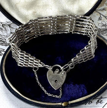 Cargar imagen en el visor de la galería, Vintage English Silver 7-Bar Gate Bracelet With Heart Padlock Clasp, Hallmarked 1978. Wide Fancy Link Sterling Silver Sweetheart Bracelet
