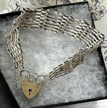 Cargar imagen en el visor de la galería, Vintage English Silver 7-Bar Gate Bracelet With Heart Padlock Clasp, Hallmarked 1978. Wide Fancy Link Sterling Silver Sweetheart Bracelet
