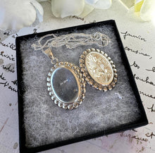 Load image into Gallery viewer, Vintage Victorian Style Repousse Sterling Silver Locket Pendant Necklace. Floral Engraved English Silver Photo/Keepsake Locket &amp; Curb Chain
