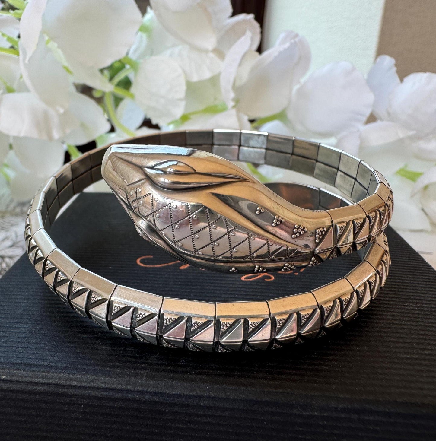 Antique Art Deco Sterling Silver Enamel Coiled Snake Bangle Bracelet. Kordes & Lichtenfels Germany Snake Bangle. Antique Love Token Jewelry