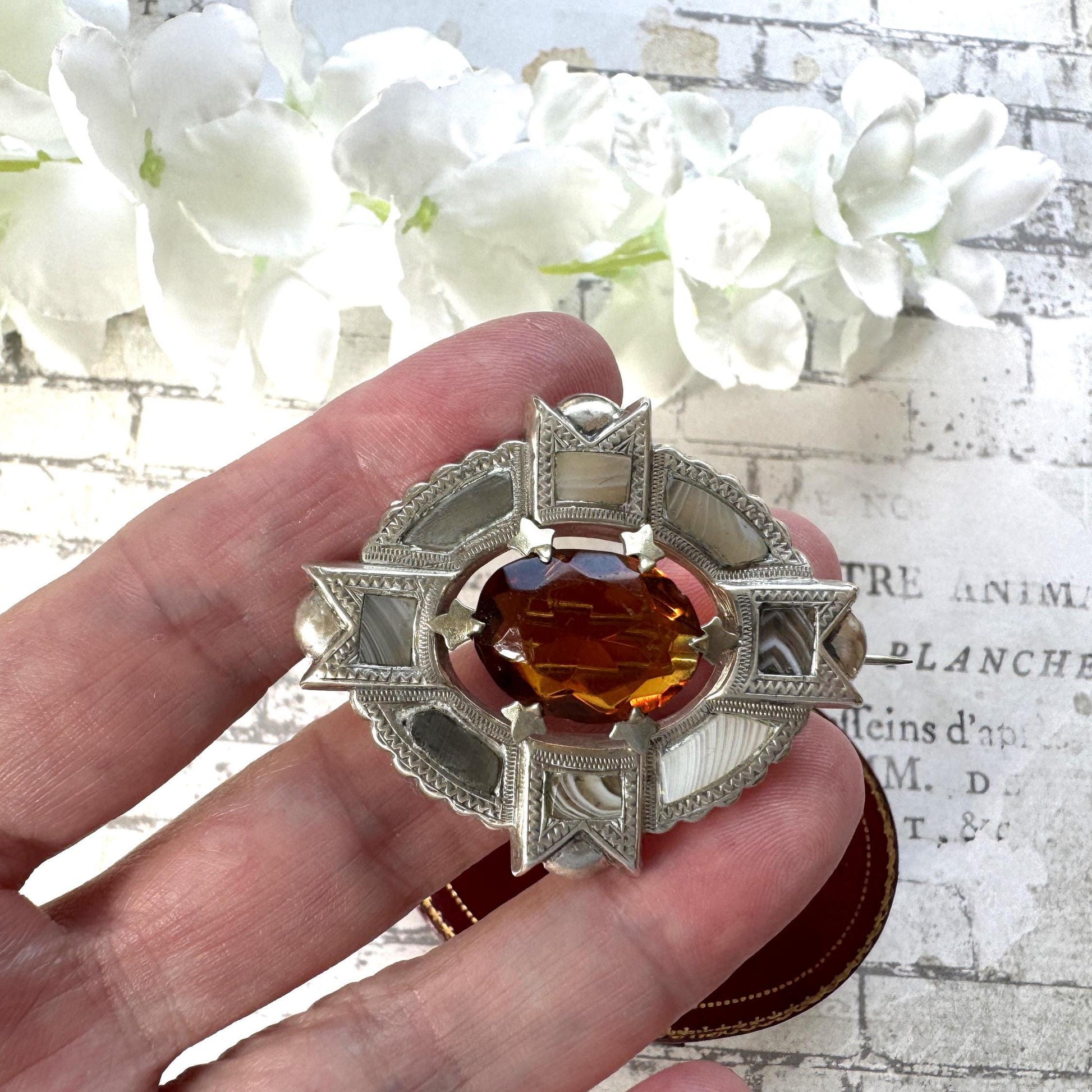 Antique Victorian Montrose Agate Scottish Cairngorm Brooch. Sterling Silver Scottish Banded Grey Lace Agate Brooch/Lapel Pin, Design Reg'd.