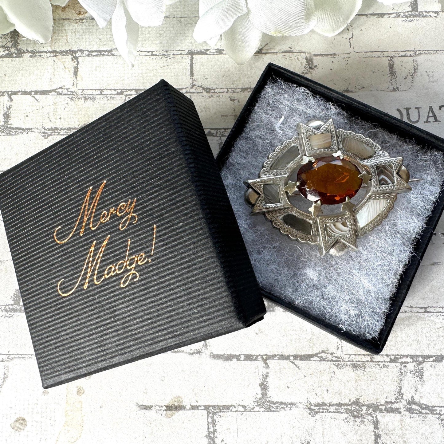 Antique Victorian Montrose Agate Scottish Cairngorm Brooch. Sterling Silver Scottish Banded Grey Lace Agate Brooch/Lapel Pin, Design Reg'd.