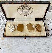 Cargar imagen en el visor de la galería, Antique 9ct Gold Faced Engraved Cufflinks In Fitted Case. 1930s Art Deco Guilloche Engraved Yellow Gold &amp; Sterling Silver Chain Cufflinks
