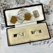 Cargar imagen en el visor de la galería, Antique 9ct Gold Faced Engraved Cufflinks In Fitted Case. 1930s Art Deco Guilloche Engraved Yellow Gold &amp; Sterling Silver Chain Cufflinks
