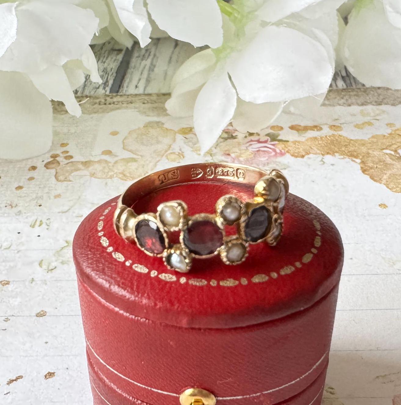 Antique Victorian 9ct Gold Pink Tourmaline & Pearl Half Hoop Ring, Chester 1899. Georgian Style Flat Cut Gemstone Band Ring, Size O-1/2, 7.5