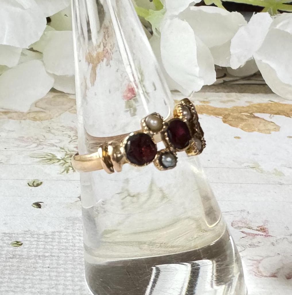 Antique Victorian 9ct Gold Pink Tourmaline & Pearl Half Hoop Ring, Chester 1899. Georgian Style Flat Cut Gemstone Band Ring, Size O-1/2, 7.5
