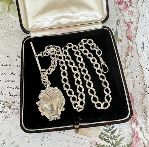 Antique English Silver Albert Watch Chain With Large Fancy Fob. Heavy Sterling Silver Curb Chain Necklace With T-Bar, Dog Clip & Fob Pendant