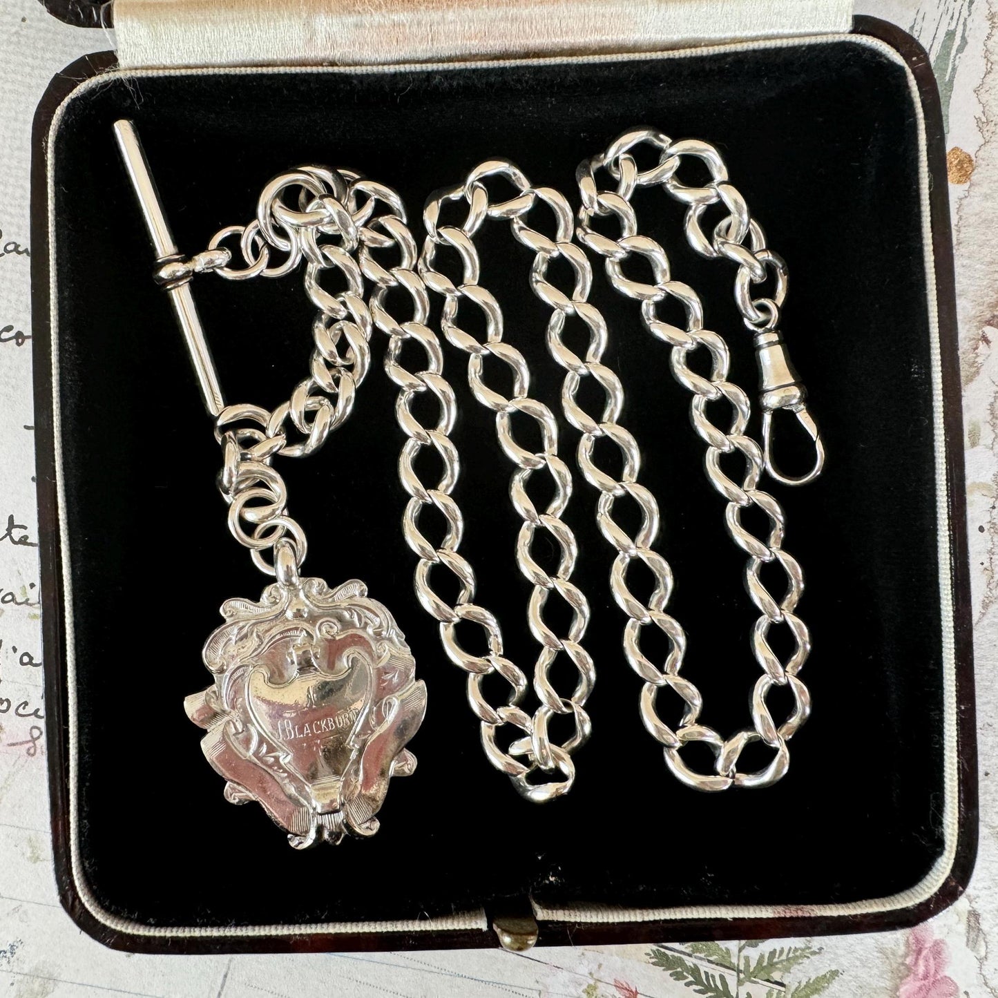 Antique English Silver Albert Watch Chain With Large Fancy Fob. Heavy Sterling Silver Curb Chain Necklace With T-Bar, Dog Clip & Fob Pendant