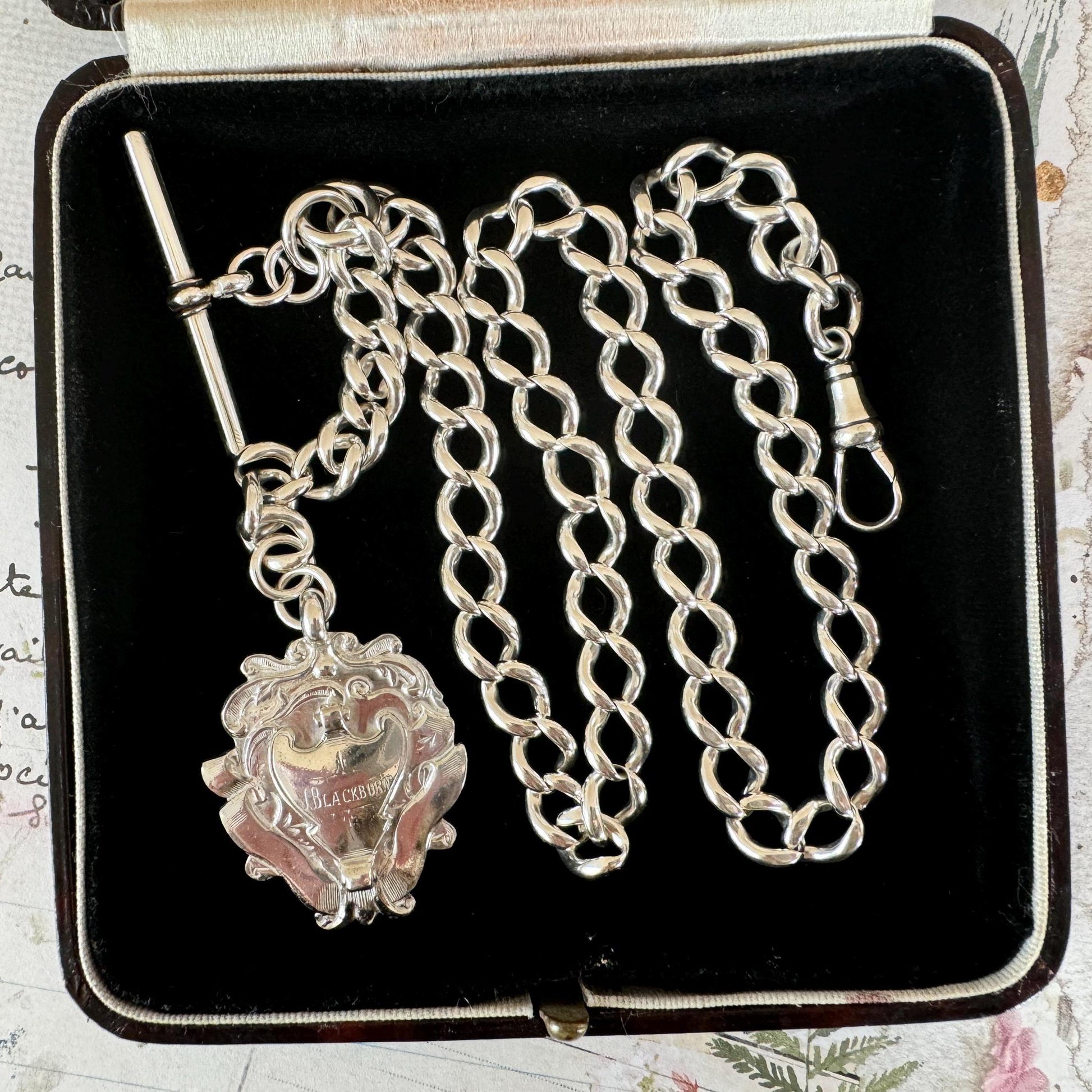 Antique English Silver Albert Watch Chain With Large Fancy Fob. Heavy Sterling Silver Curb Chain Necklace With T-Bar, Dog Clip & Fob Pendant