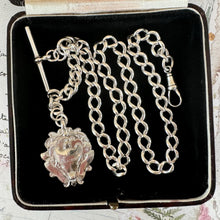 Load image into Gallery viewer, Antique English Silver Albert Watch Chain With Large Fancy Fob. Heavy Sterling Silver Curb Chain Necklace With T-Bar, Dog Clip &amp; Fob Pendant
