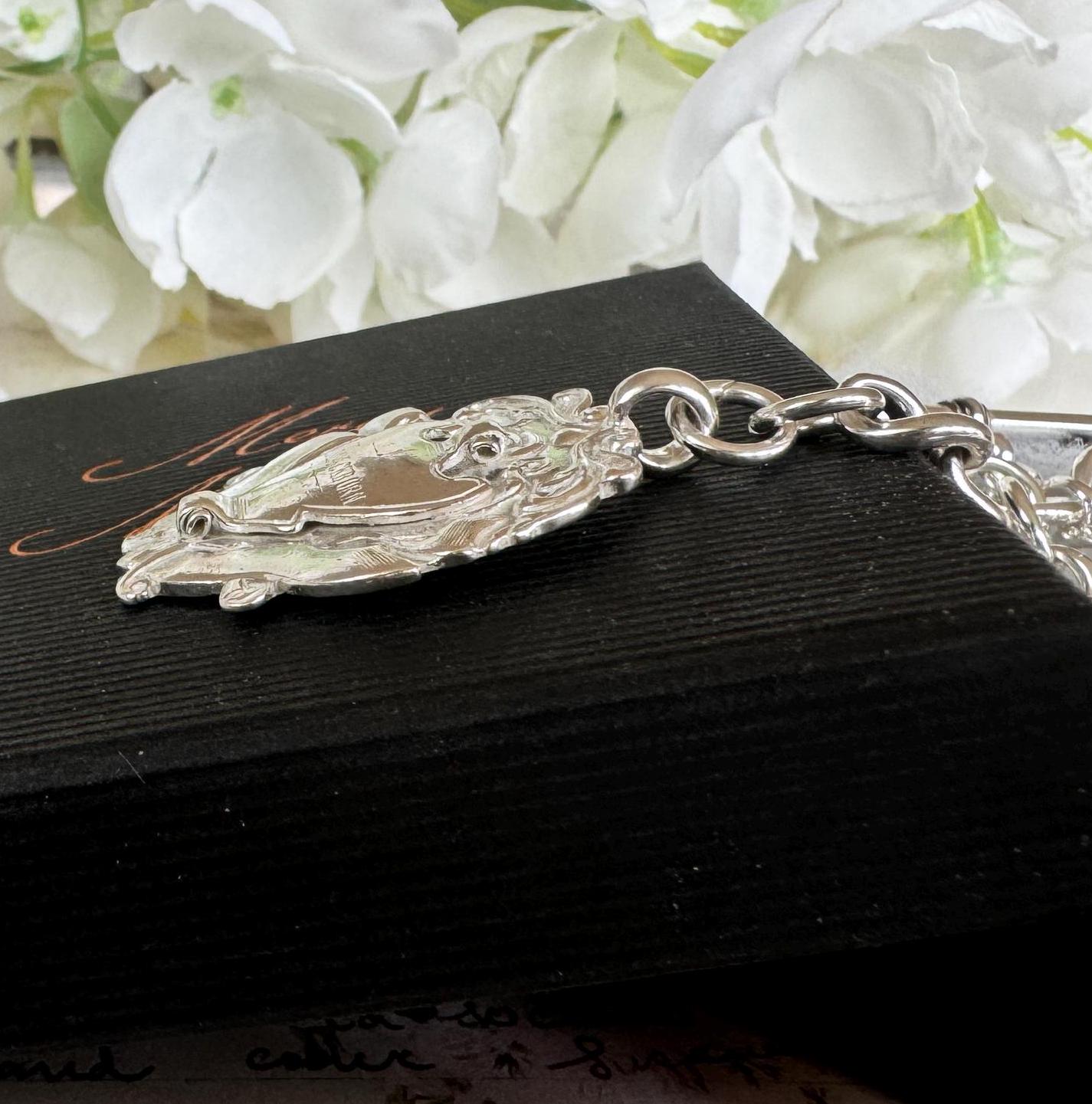 Antique English Silver Albert Watch Chain With Large Fancy Fob. Heavy Sterling Silver Curb Chain Necklace With T-Bar, Dog Clip & Fob Pendant