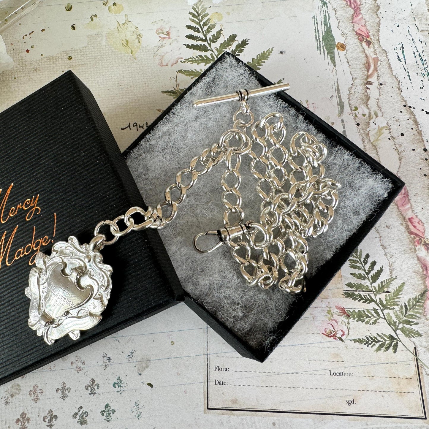 Antique English Silver Albert Watch Chain With Large Fancy Fob. Heavy Sterling Silver Curb Chain Necklace With T-Bar, Dog Clip & Fob Pendant