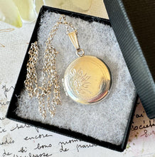 Load image into Gallery viewer, Vintage 1960s Engraved Daisy Sterling Silver Locket Pendant Necklace. Art Nouveau Style Large Round Floral Photo Locket &amp; Belcher Chain
