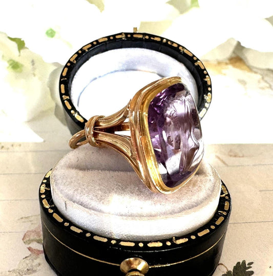 Superb Georgian 18ct Gold Amethyst Intaglio Seal of Demeter & Mount Olympus. 18K Gold Seal Fob Pendant. Master Carved Classical Intaglio