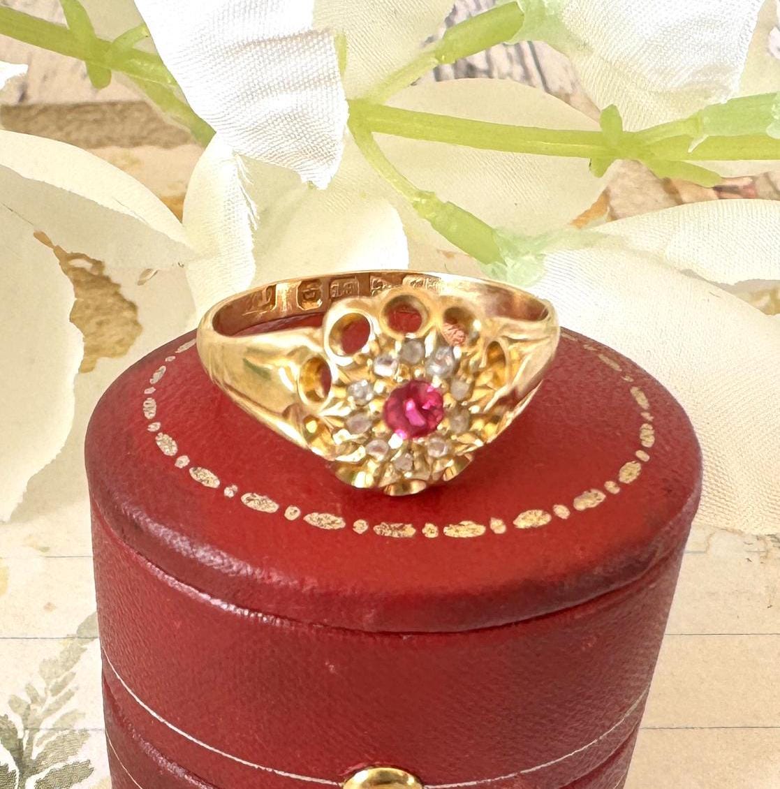 Antique 18ct Gold Ruby & Old Cut Diamond Cluster Ring