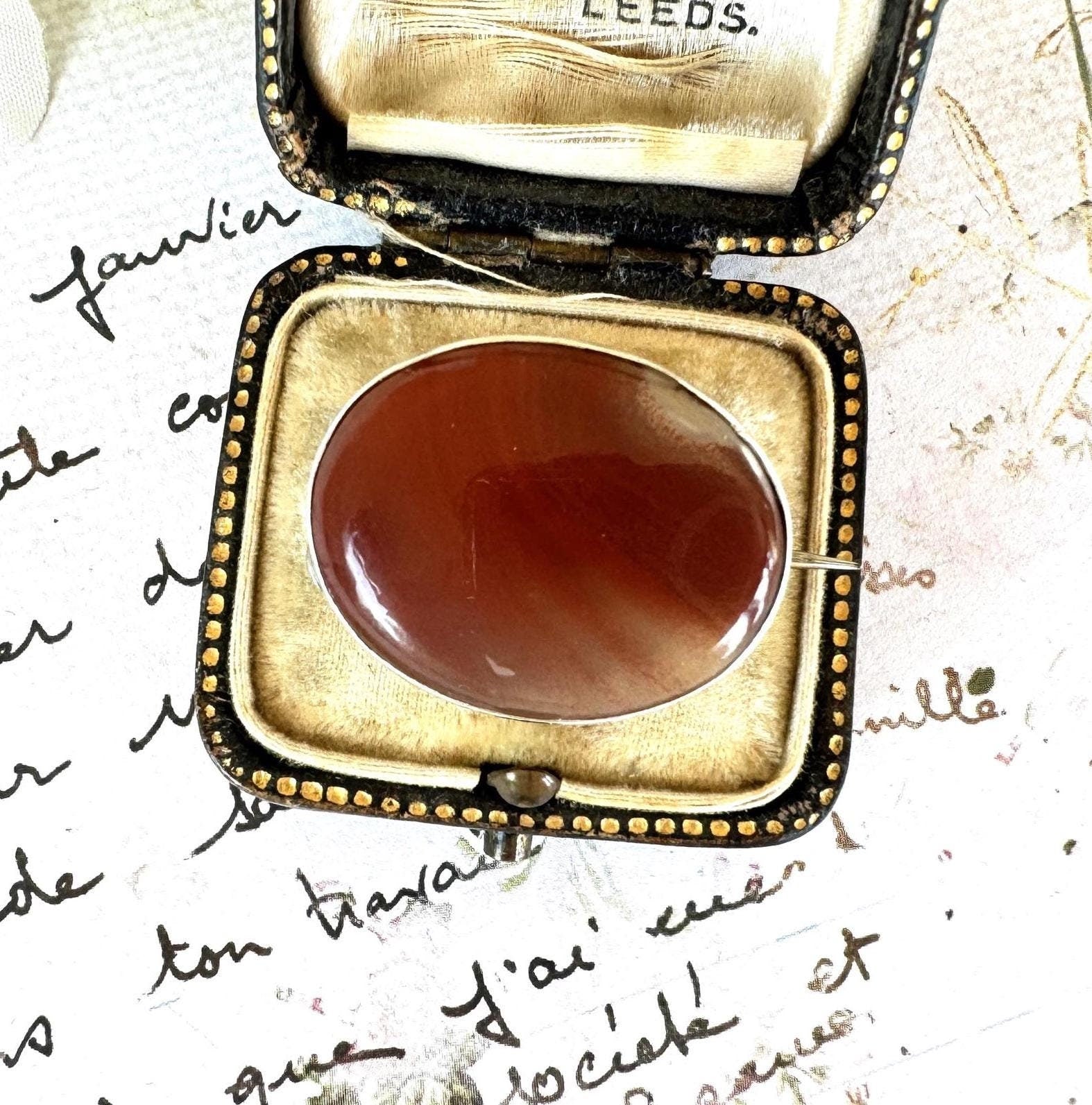 Antique Victorian Scottish Silver Carnelian Brooch/Lapel/Cravat Pin. Small Oval Sterling Silver & Red Chalcedony Minimalist Brooch