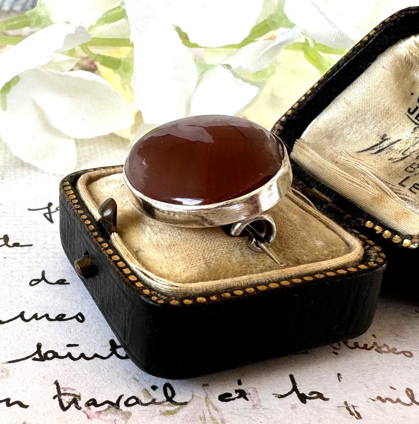 Antique Victorian Scottish Silver Carnelian Brooch/Lapel/Cravat Pin. Small Oval Sterling Silver & Red Chalcedony Minimalist Brooch