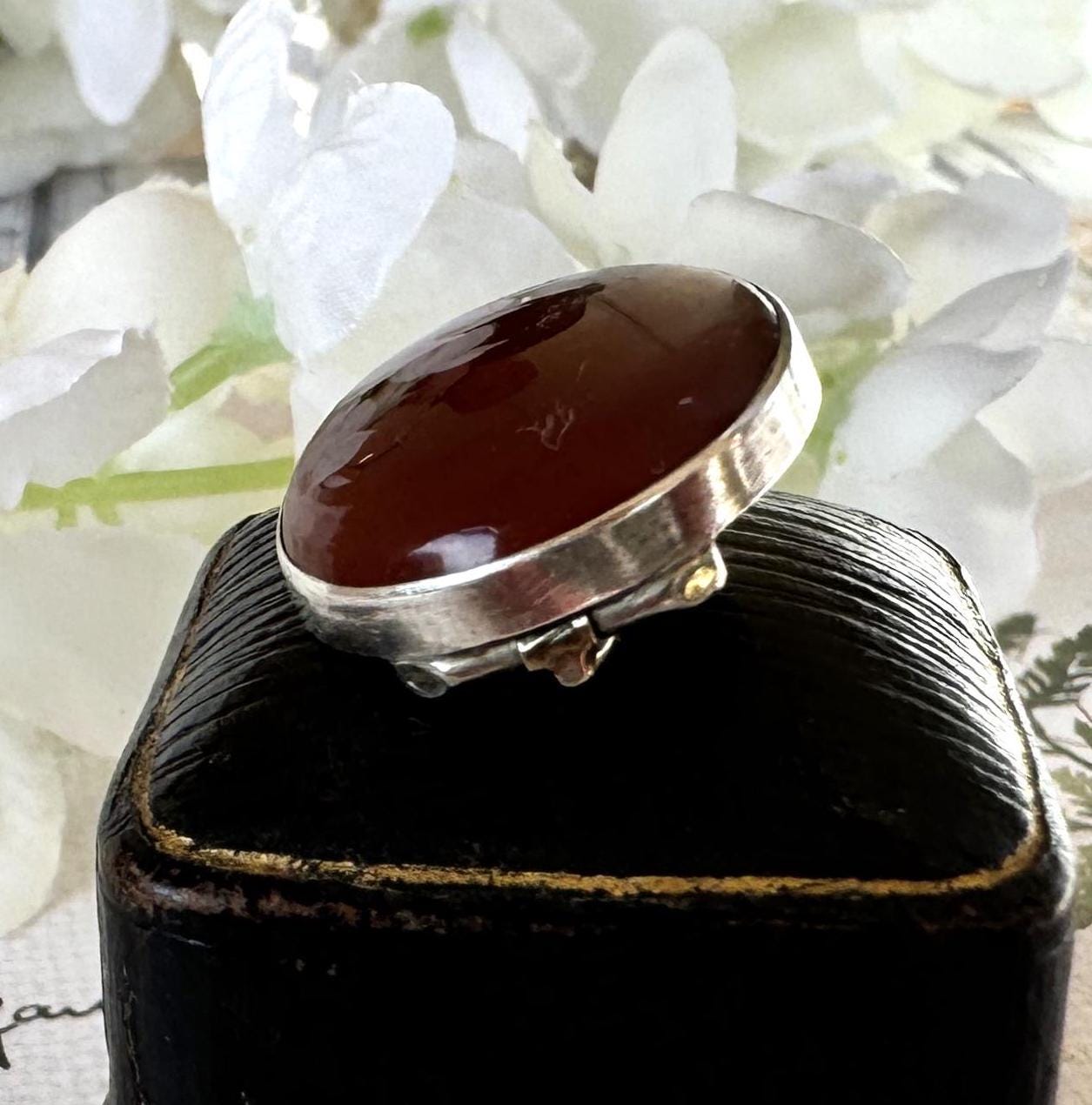 Antique Victorian Scottish Silver Carnelian Brooch/Lapel/Cravat Pin. Small Oval Sterling Silver & Red Chalcedony Minimalist Brooch