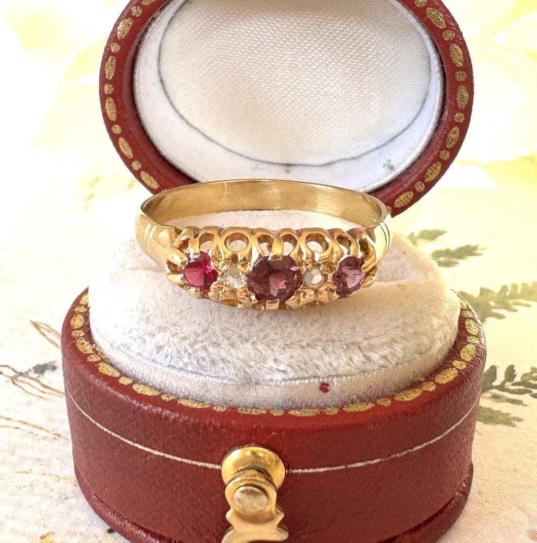 Antique Victorian 18ct Gold Rose Cut Diamond, Pink Tourmaline & Ruby Classic 5 Stone Ring. Large Finger Size Q/8-1/4 Stacking Band Ring