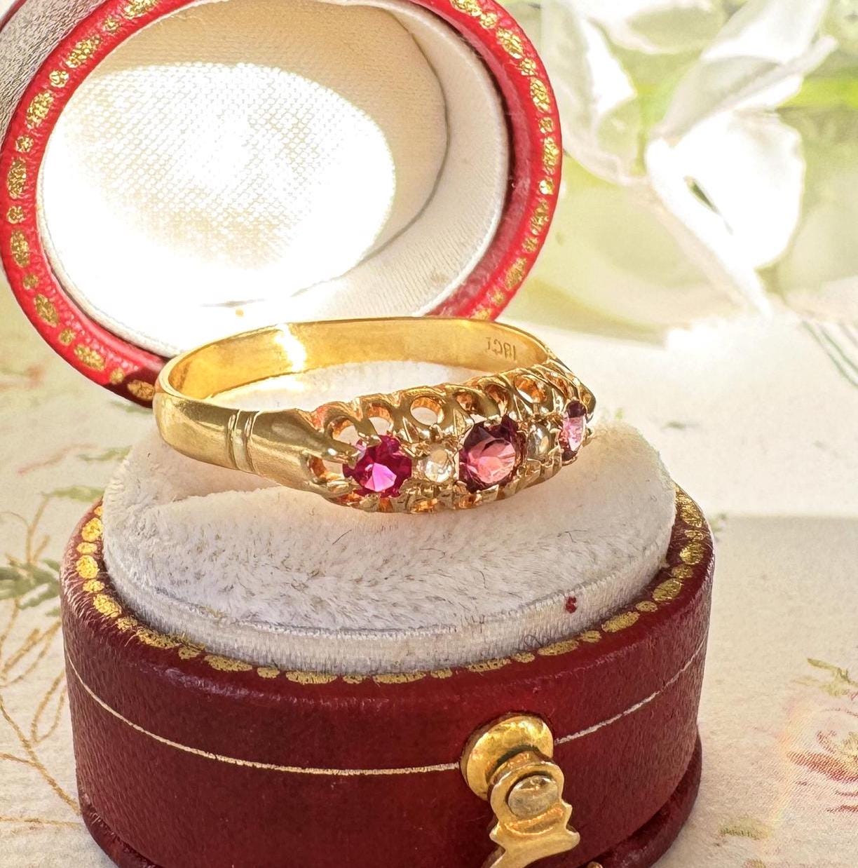 Antique Victorian 18ct Gold, Rubellite Tourmaline & Diamond 5 Stone Ring