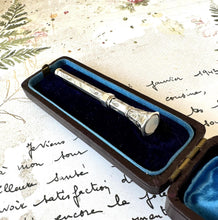 Load image into Gallery viewer, Antique Georgian Sterling Silver &amp; Moonstone Toothpick. Silver Trumpet/Horn Shaped Toothpick With Seal. Victorian Grooming Accessory
