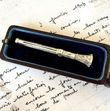 Load image into Gallery viewer, Antique Georgian Sterling Silver &amp; Moonstone Toothpick. Silver Trumpet/Horn Shaped Toothpick With Seal. Victorian Grooming Accessory
