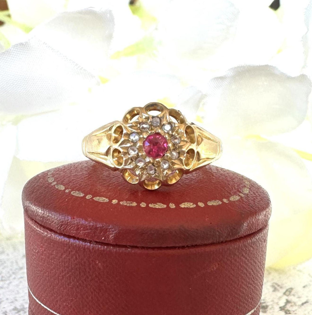 Antique 18ct Gold Ruby & Old Cut Diamond Cluster Ring