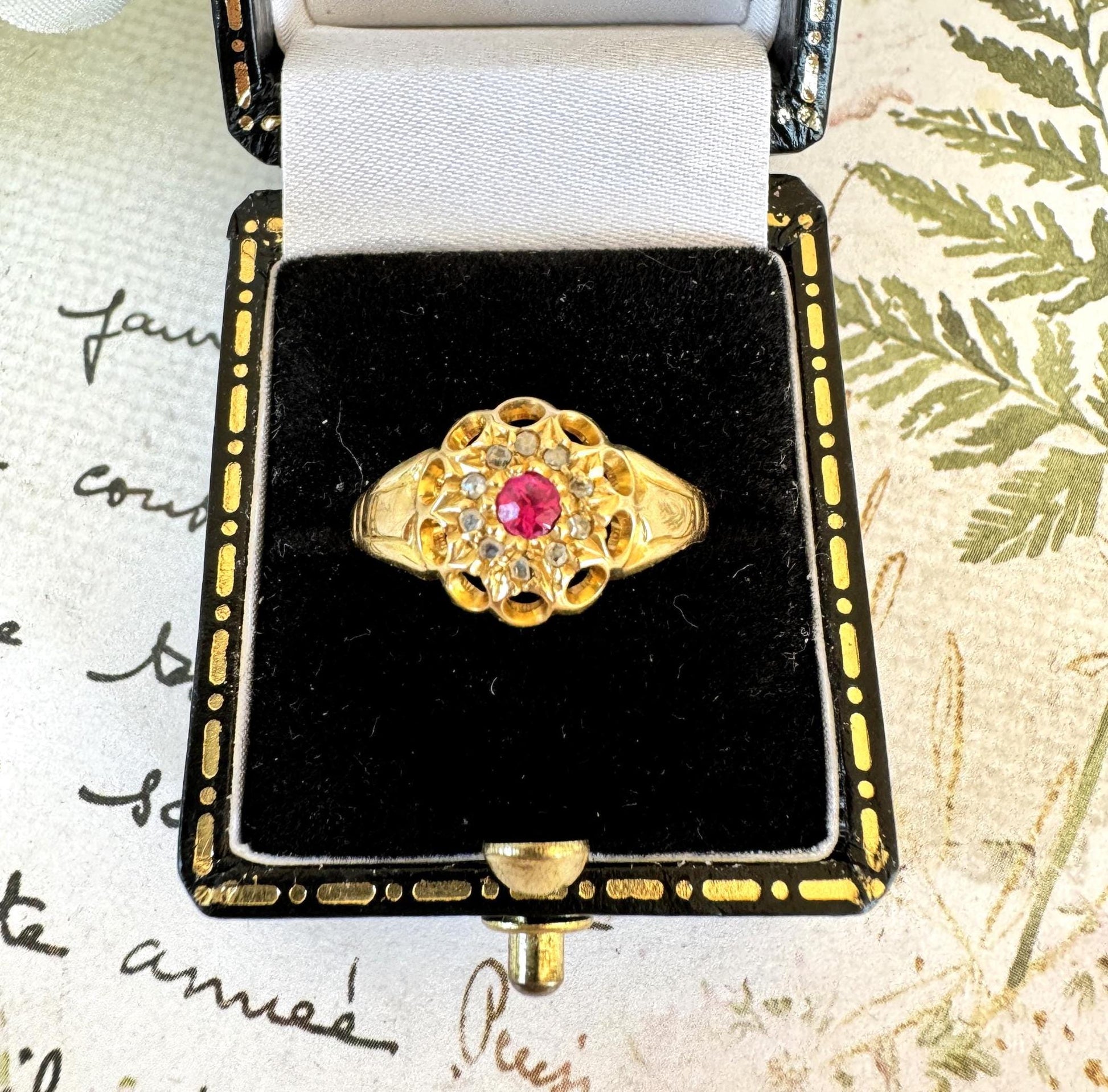 Antique 18ct Gold Ruby & Old Cut Diamond Cluster Ring