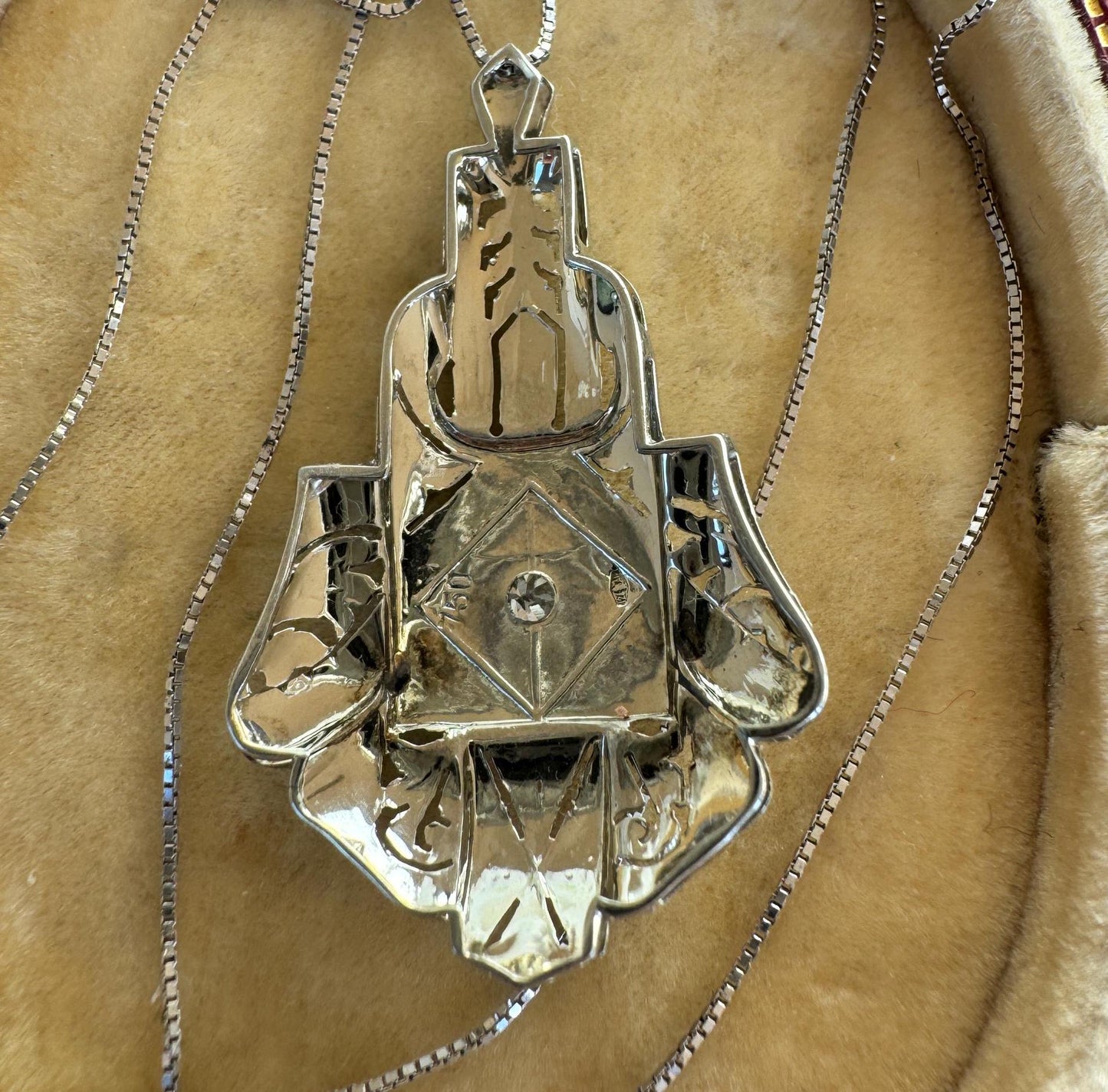 Antique Art Deco 18ct White Gold & Diamond Geometric Pendant Necklace. Edwardian Era Italian White Gold Diamond Pendant On Box Link Chain