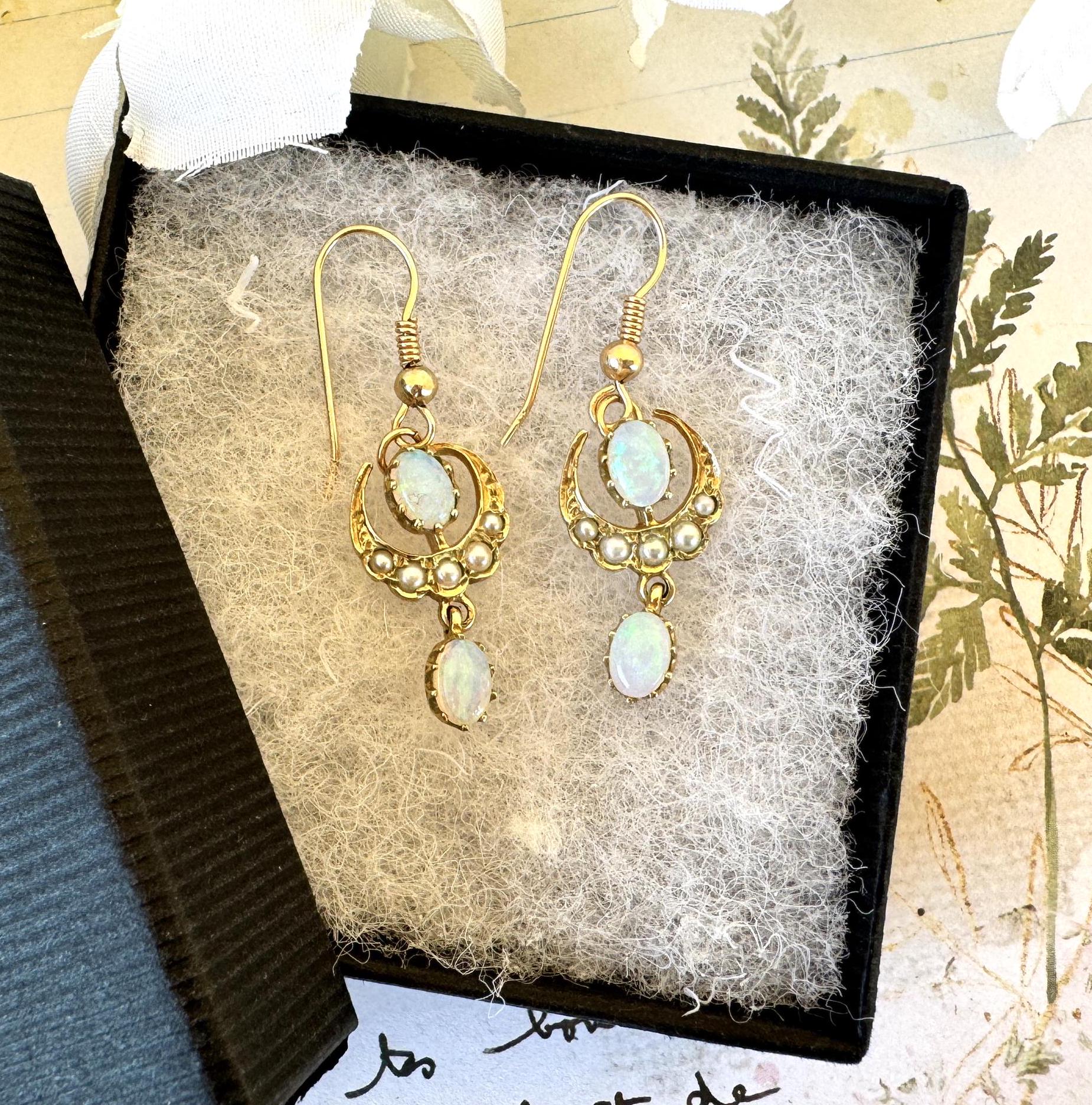 Victorian 9ct Gold Crescent Moon Opal & Pearl Earrings. Antique Long Pendant Drop Hook Earrings. Victorian Sweetheart/Love Token Jewellery