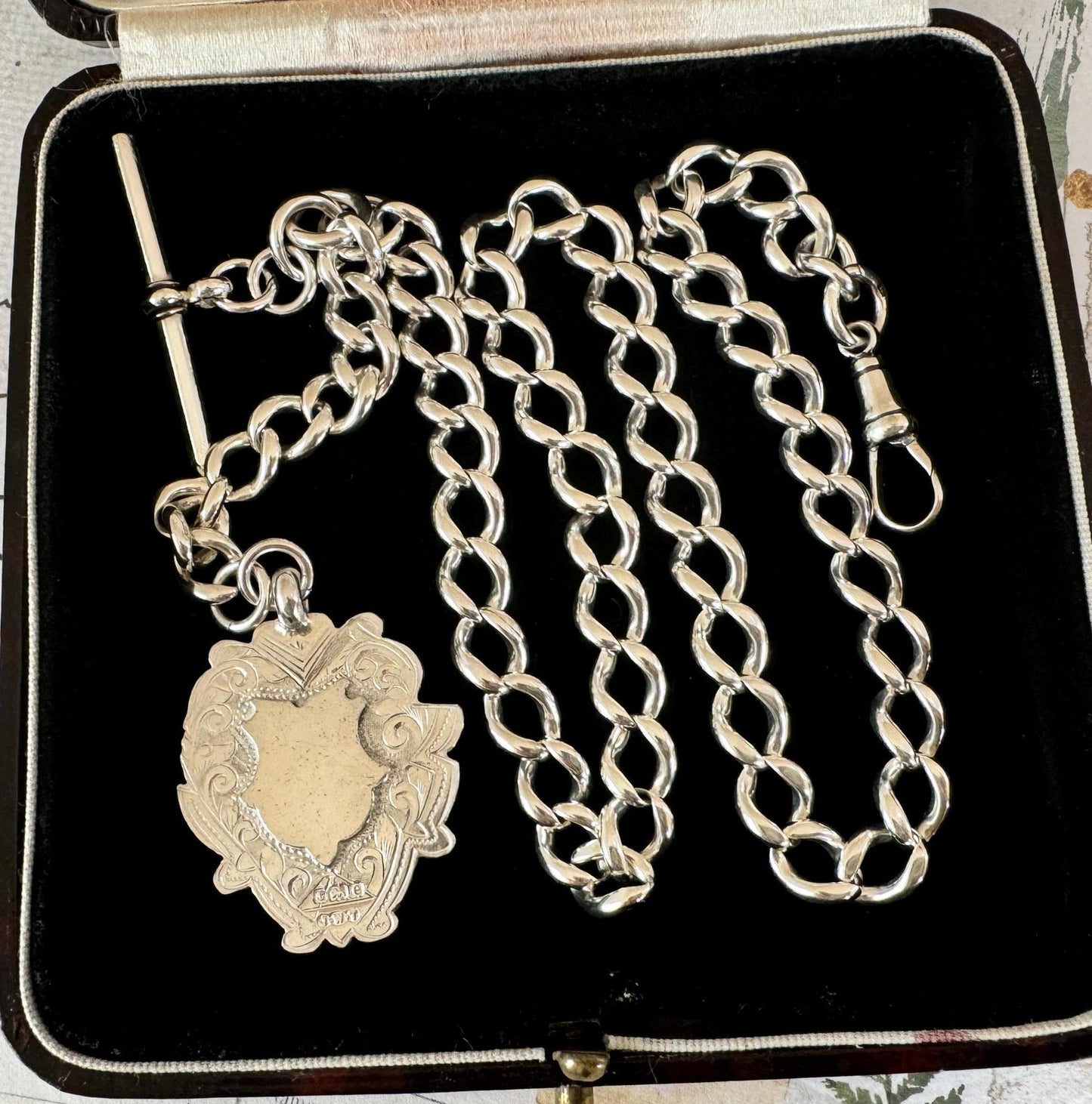 Antique English Silver Albert Watch Chain With Large Fancy Fob. Heavy Sterling Silver Curb Chain Necklace With T-Bar, Dog Clip & Fob Pendant