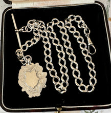 Load image into Gallery viewer, Antique English Silver Albert Watch Chain With Large Fancy Fob. Heavy Sterling Silver Curb Chain Necklace With T-Bar, Dog Clip &amp; Fob Pendant
