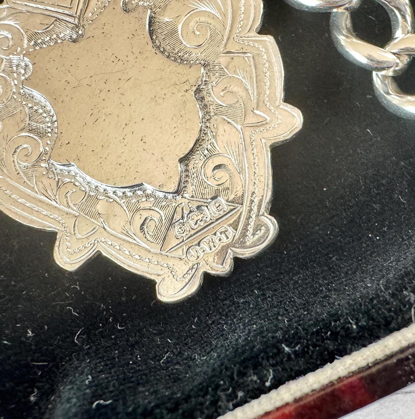 Antique English Silver Albert Watch Chain With Large Fancy Fob. Heavy Sterling Silver Curb Chain Necklace With T-Bar, Dog Clip & Fob Pendant