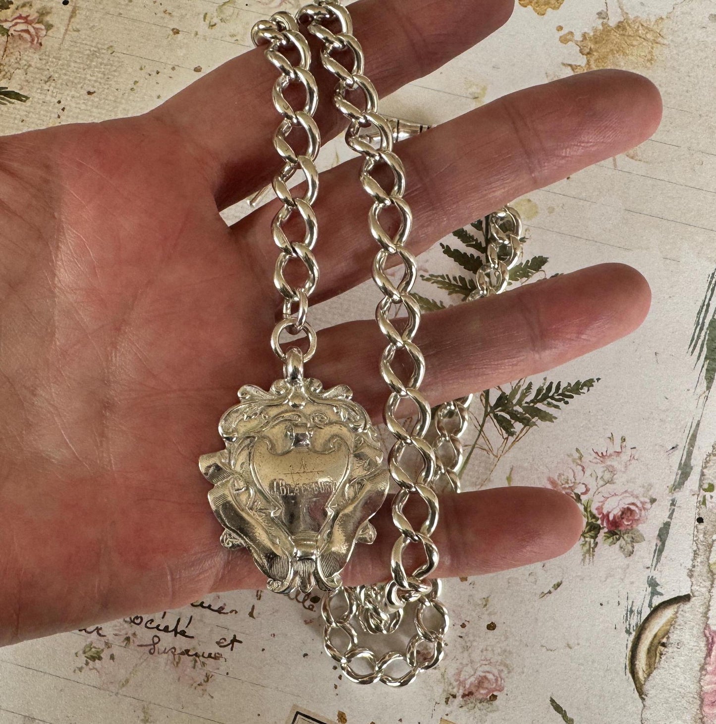 Antique English Silver Albert Watch Chain With Large Fancy Fob. Heavy Sterling Silver Curb Chain Necklace With T-Bar, Dog Clip & Fob Pendant