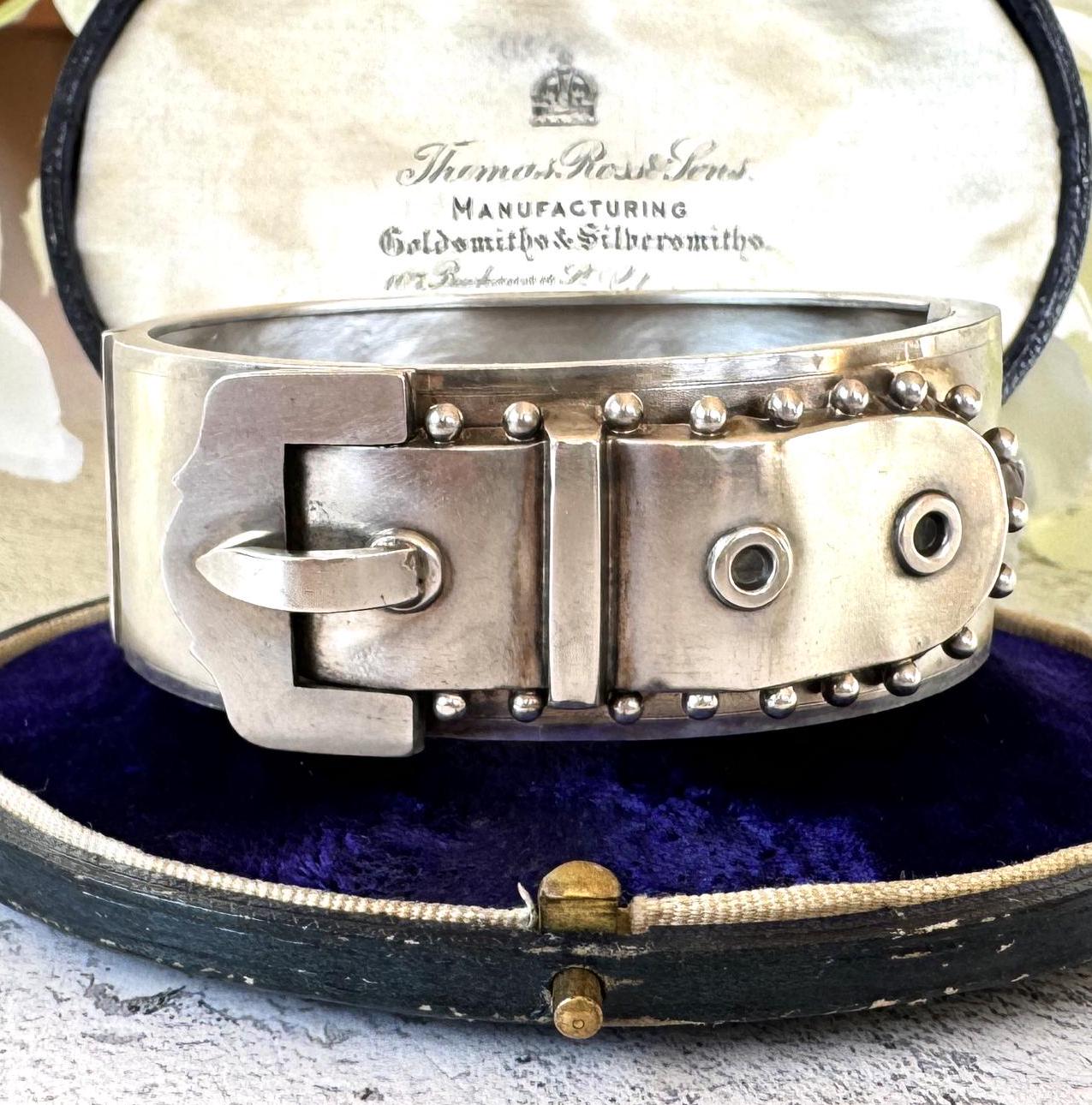 Antique Victorian Silver Wide Belt Buckle Bangle Bracelet. Ornate Chunky Sterling Victorian Cuff Bracelet, 1882 Hallmark. Love Token Jewelry