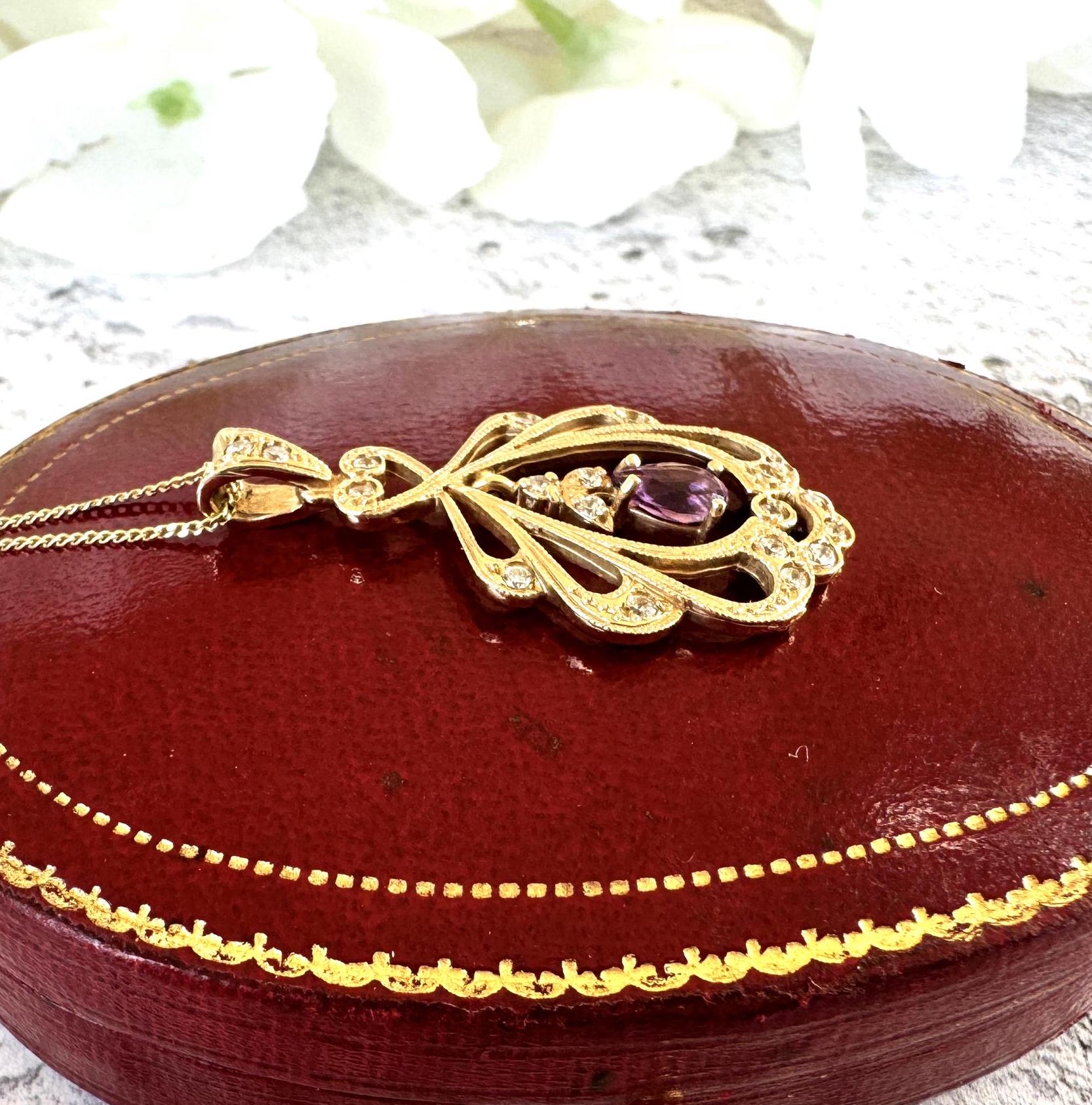 Vintage 9ct Gold Diamond & Amethyst Pendant With Optional Gold Chain. Antique Edwardian Style Yellow Gold Natural Diamond Pendant Necklace.