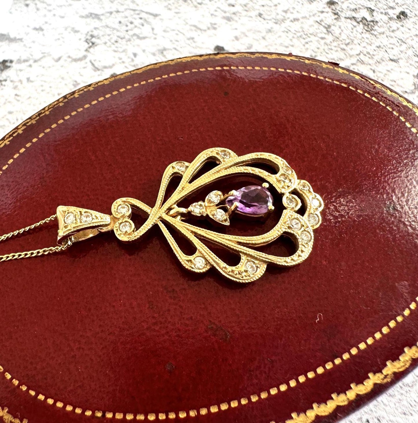 Vintage 9ct Gold Diamond & Amethyst Pendant With Optional Gold Chain. Antique Edwardian Style Yellow Gold Natural Diamond Pendant Necklace.