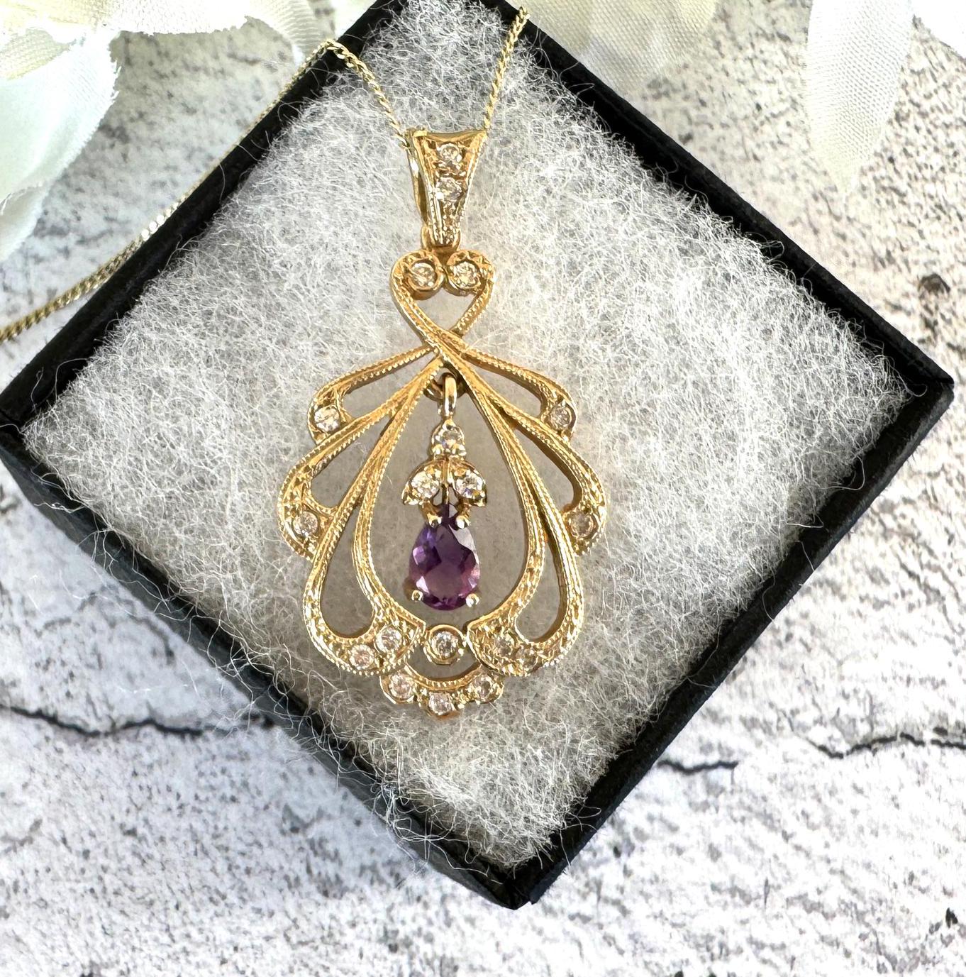 Vintage 9ct Gold Diamond & Amethyst Pendant With Optional Gold Chain. Antique Edwardian Style Yellow Gold Natural Diamond Pendant Necklace.