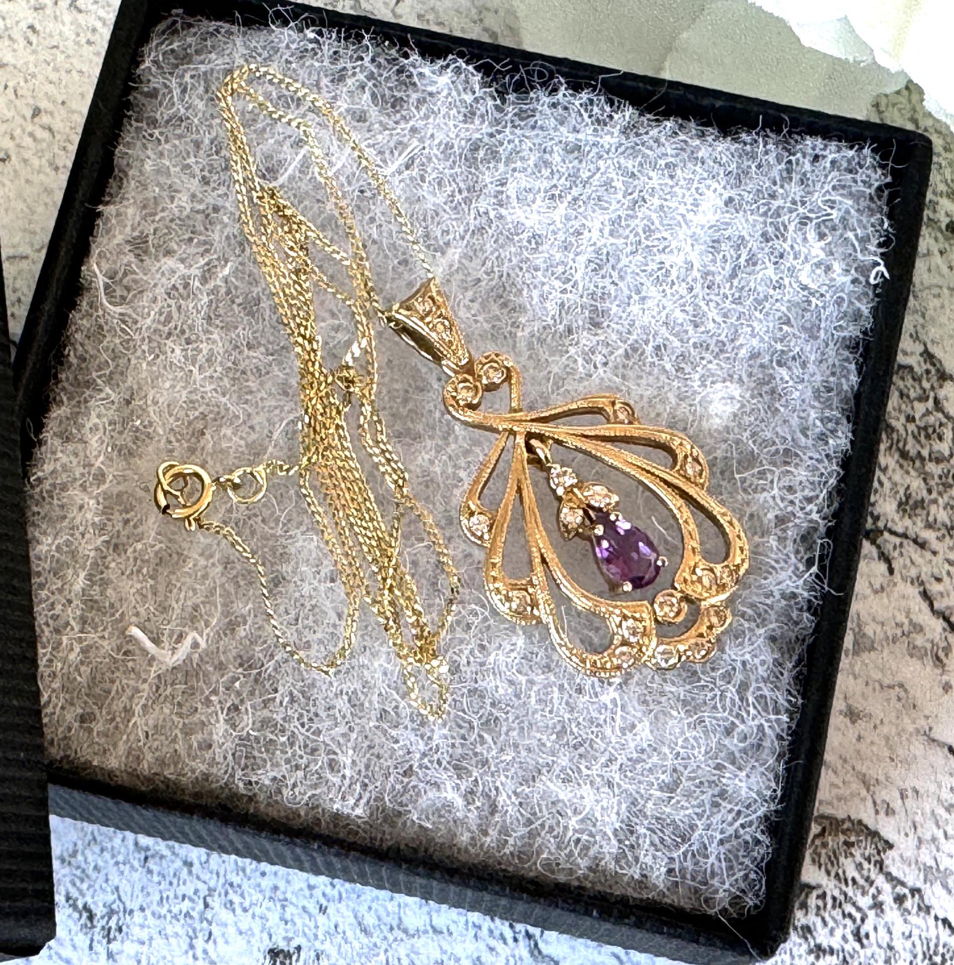 Vintage 9ct Gold Diamond & Amethyst Pendant With Optional Gold Chain. Antique Edwardian Style Yellow Gold Natural Diamond Pendant Necklace.