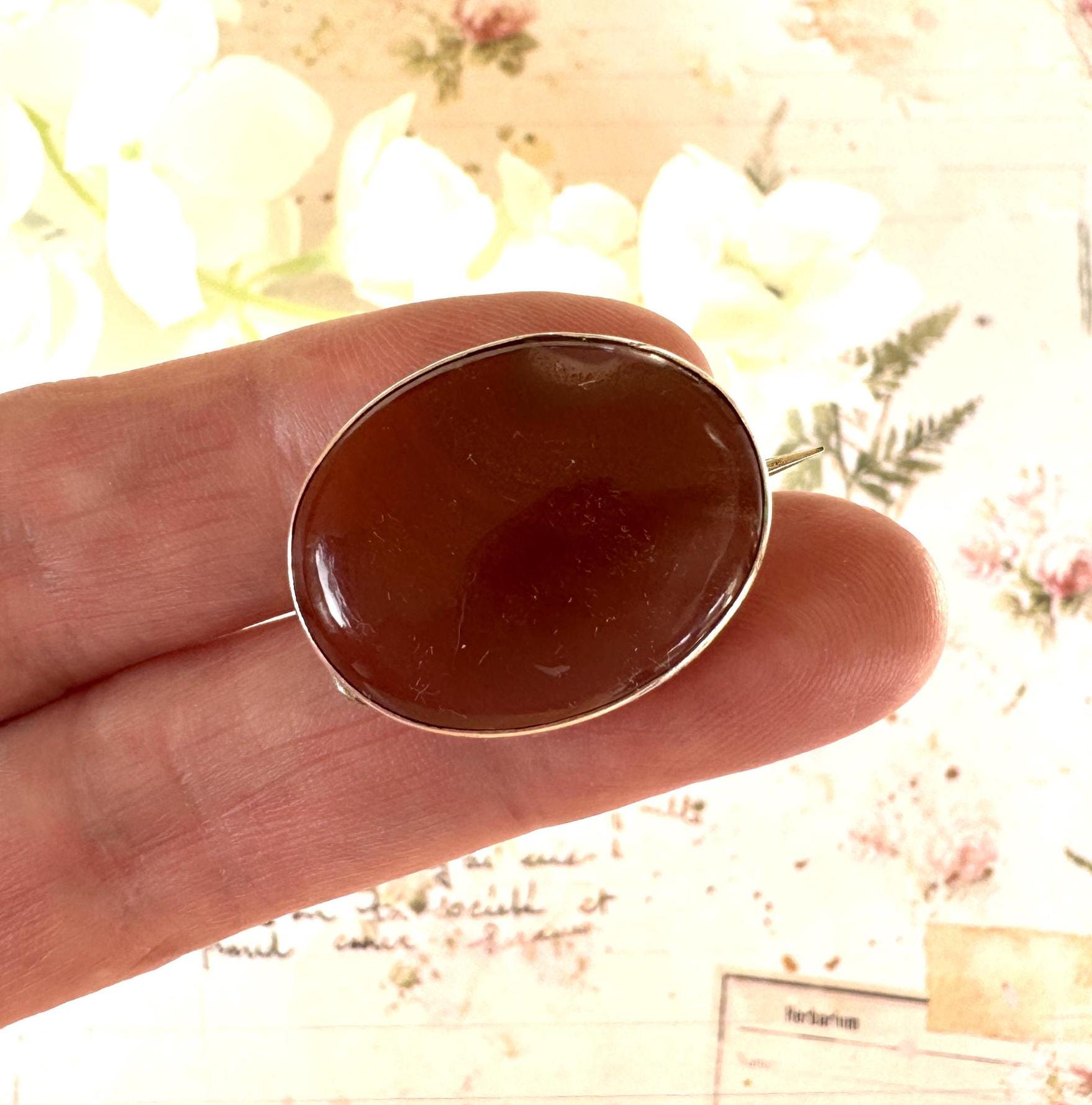 Antique Victorian Scottish Silver Carnelian Brooch/Lapel/Cravat Pin. Small Oval Sterling Silver & Red Chalcedony Minimalist Brooch