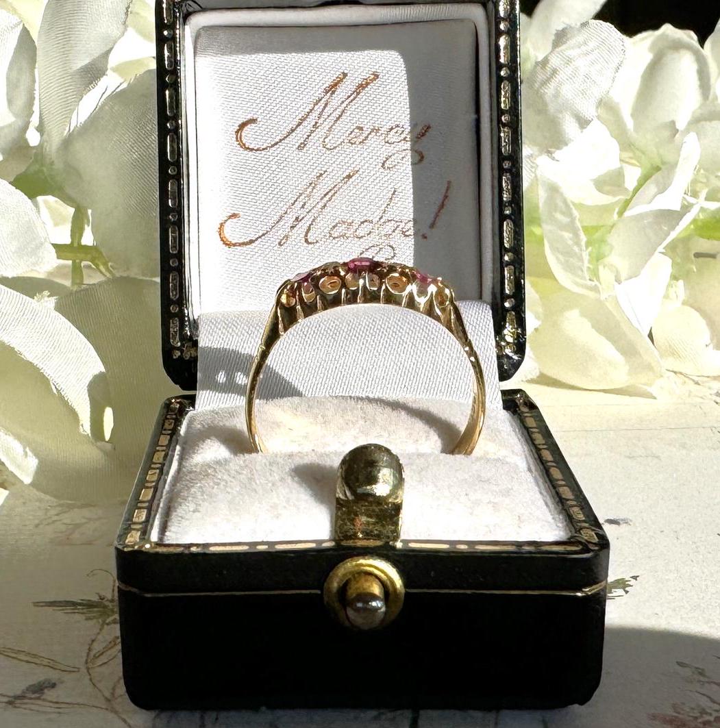 Antique Victorian 18ct Gold, Rubellite Tourmaline & Diamond 5 Stone Ring