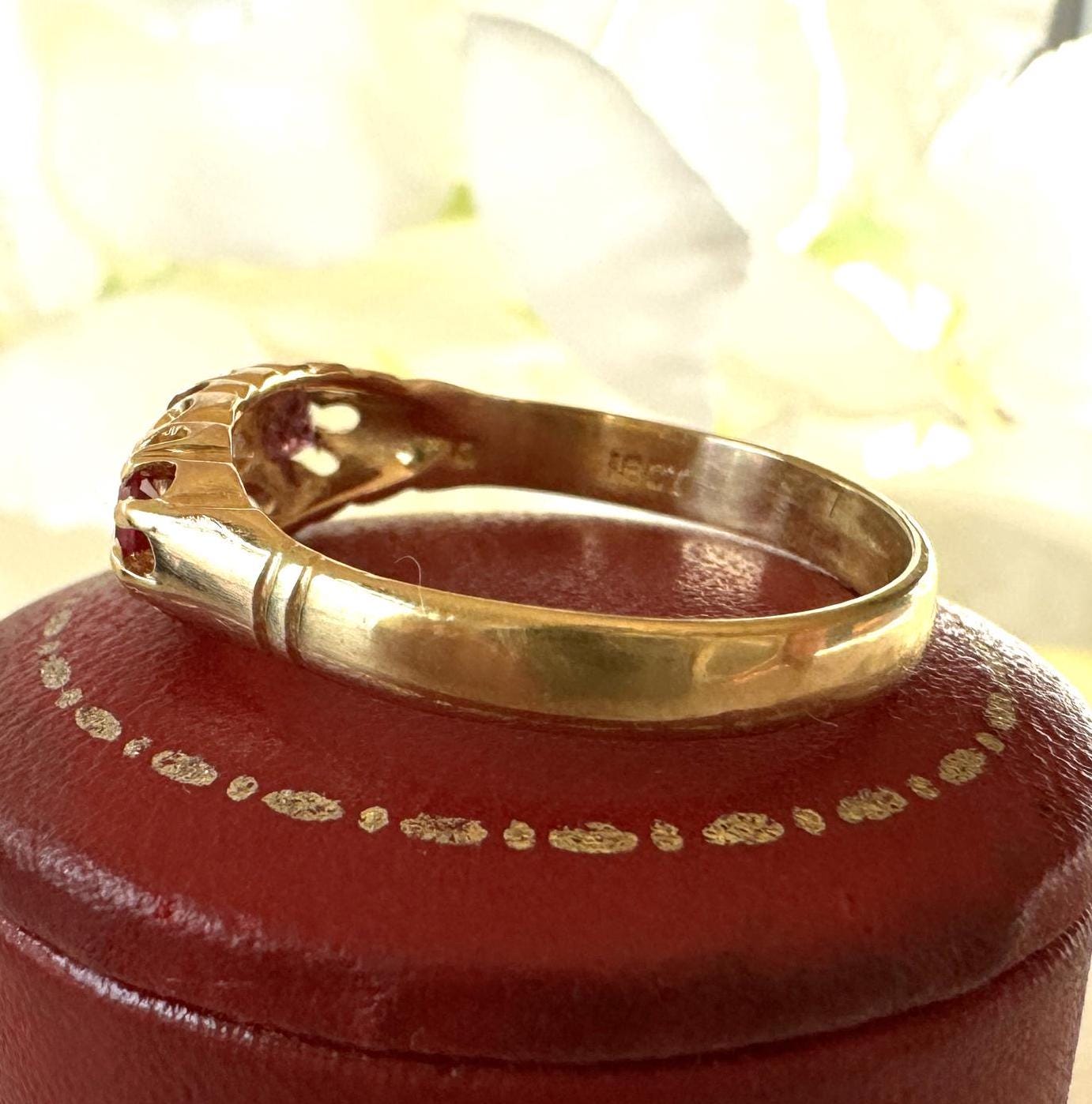 Antique Victorian 18ct Gold, Rubellite Tourmaline & Diamond 5 Stone Ring