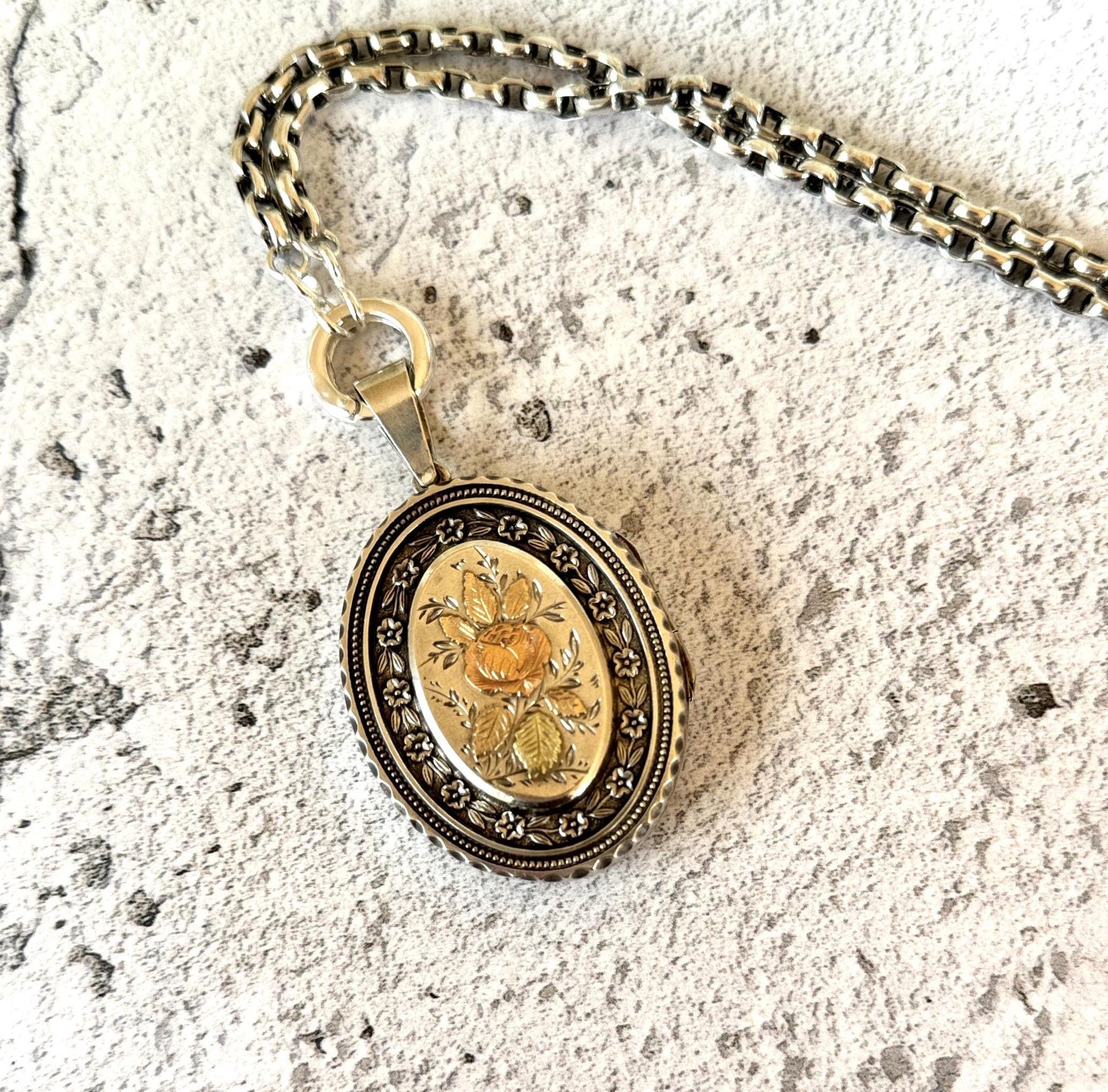 Victorian 1881 Sterling Silver and Gold Rose & Pansy Locket Pendant. Antique Large Oval Bookchain Locket. Victorian Love Token Jewellery